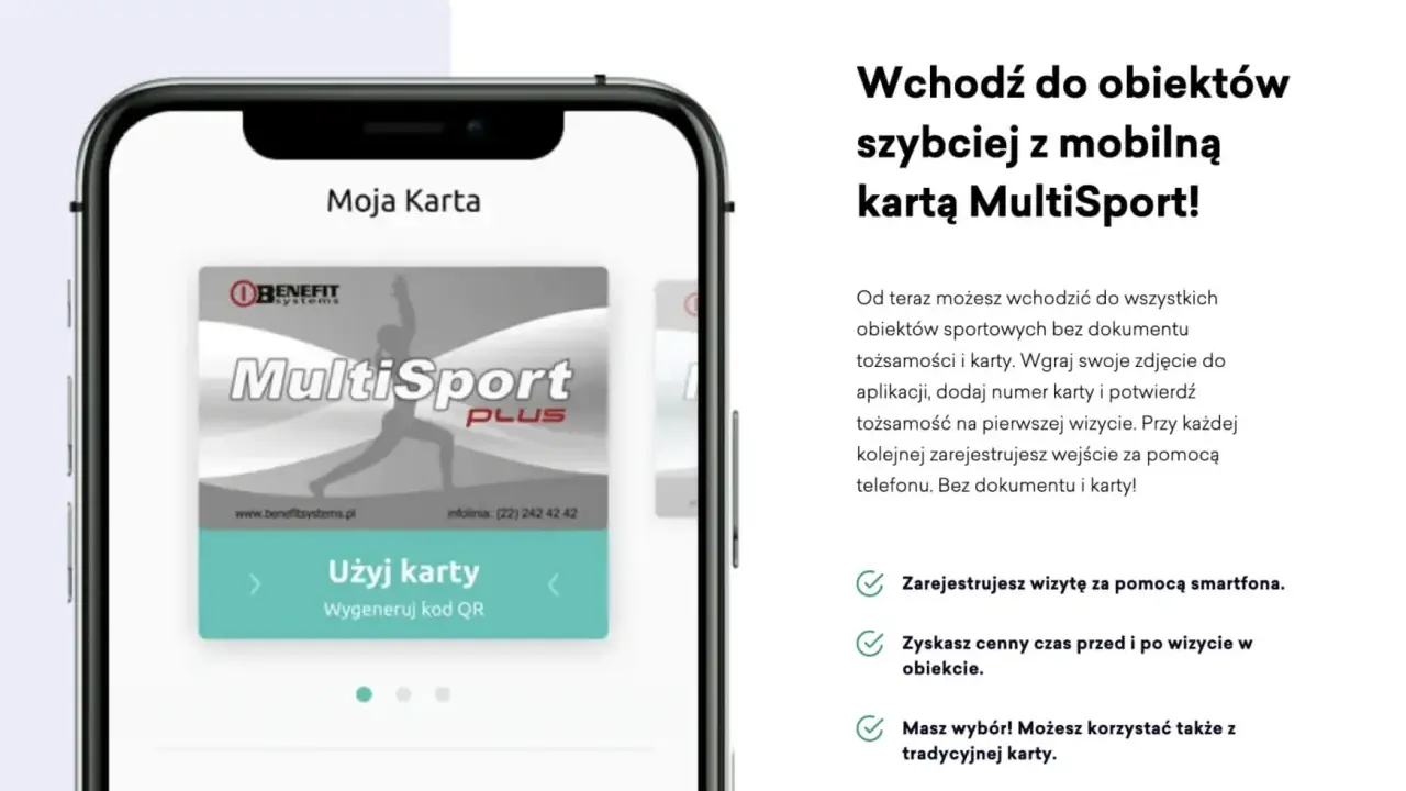 Ekran smartfona z aplikacją MultiSport Plus i wirtualną kartą.