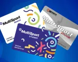 Trzy karty MultiSport: Senior, Student i Plus, na niebieskim tle.