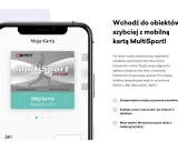 Ekran smartfona z aplikacją MultiSport Plus i wirtualną kartą.