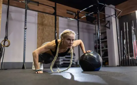 Kobieta wykonuje pompki z piłką w siłowni. Zastanawiasz się, crossfit jak często ćwiczyć, by osiągnąć takie rezultaty?