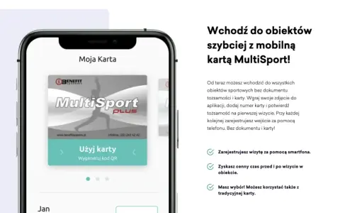 Ekran smartfona z aplikacją MultiSport Plus i wirtualną kartą.