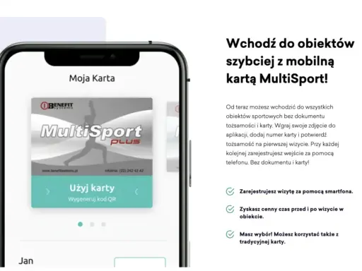 Ekran smartfona z aplikacją MultiSport Plus i wirtualną kartą.