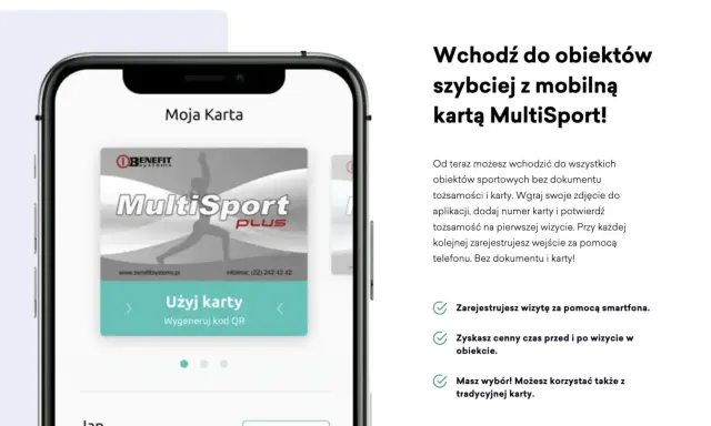 Ekran smartfona z aplikacją MultiSport Plus i wirtualną kartą.